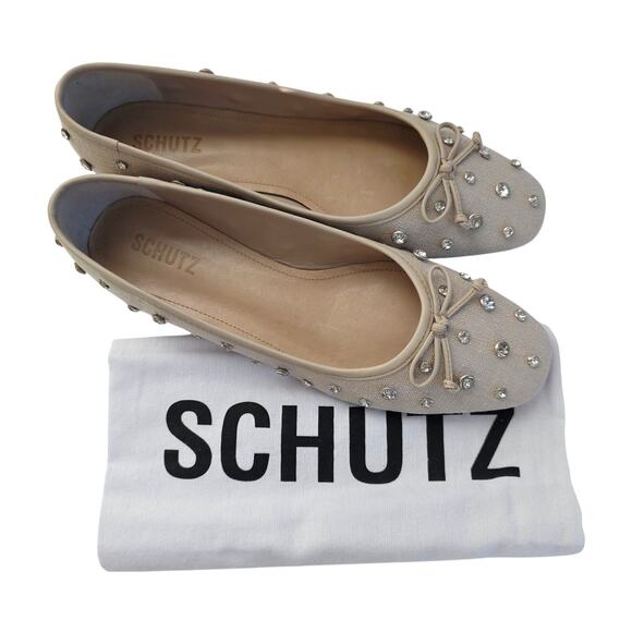Schutz Arissa Cream Beige Size 9 Shine Ballet Flats Sparkly Rhinestones & Bow - Picture 8 of 9